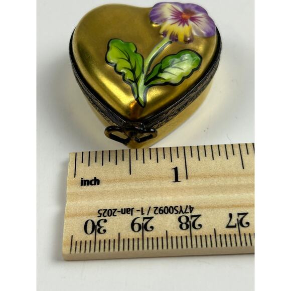 Rochard Limoges France Heart Trinket Box Hand Painted Pansy Gold Porcelain - Picture 10 of 12